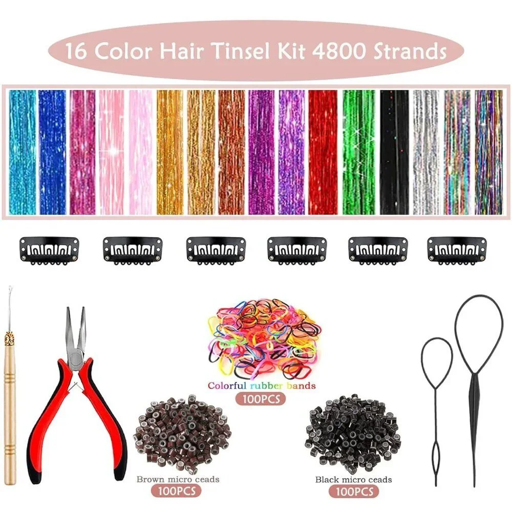 48 Inch Glitter Hair Tinsel Extensions Kit 16 Colors, 4800 Strands With Tools -